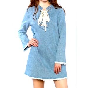Sugar Lips Light Blue Denim Long Sleeve Mini Dress/Unfinished Hem/Tie Top/Size M